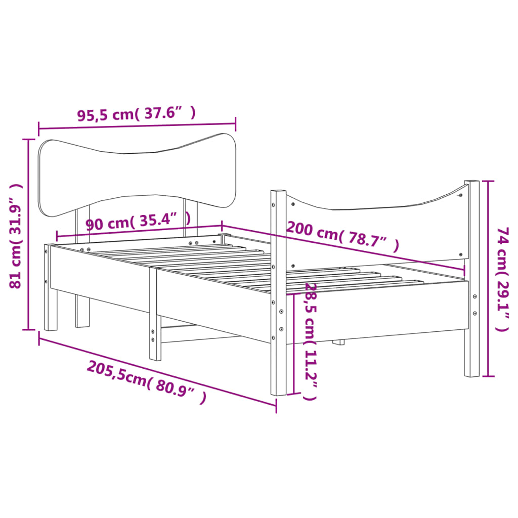 Okvir kreveta bez madraca 90 x 200 cm od masivne borovine