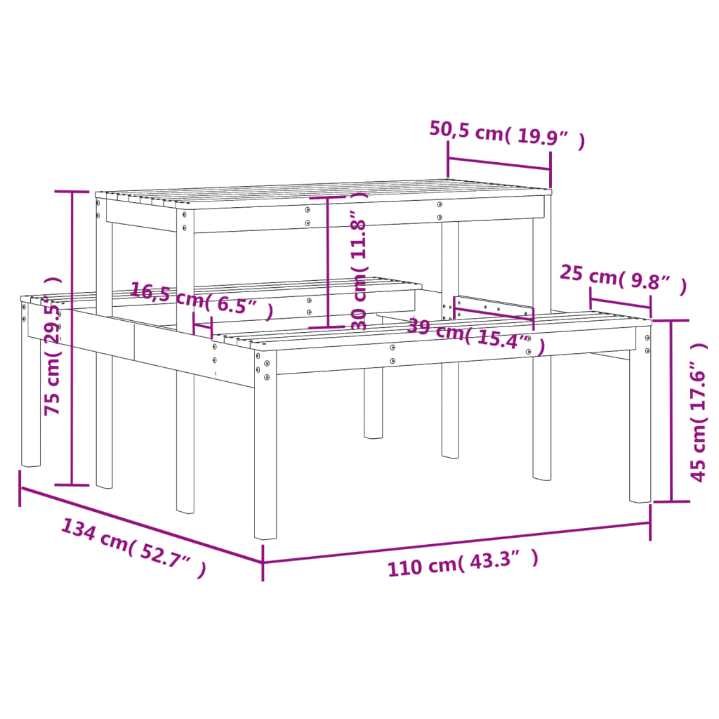 Stol za piknik 110 x 134 x 75 cm od masivne borovine