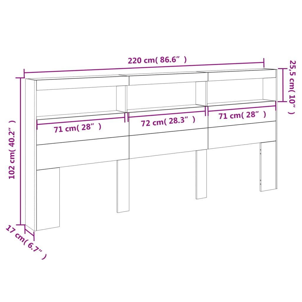 Ormarić za uzglavlje s LED svjetlima boja hrasta 220x17x102 cm