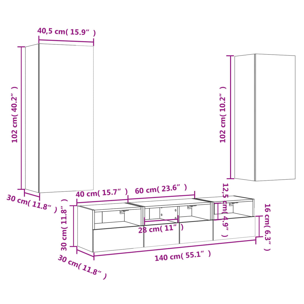5-dijelni zidni TV elementi svjetlima boja hrasta drveni