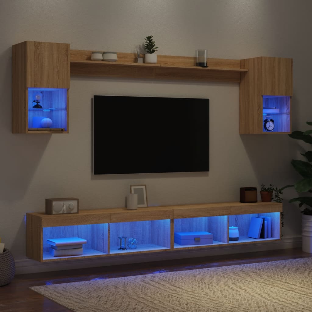 6-dijelni zidni TV elementi s LED svjetlima boja hrasta drveni