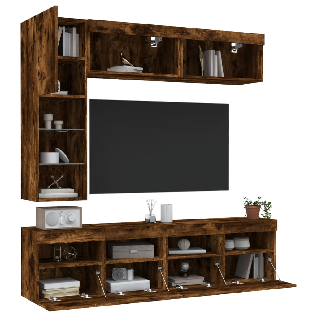 7-dijelni set zidnih TV ormarića LED boja dimljenog hrasta