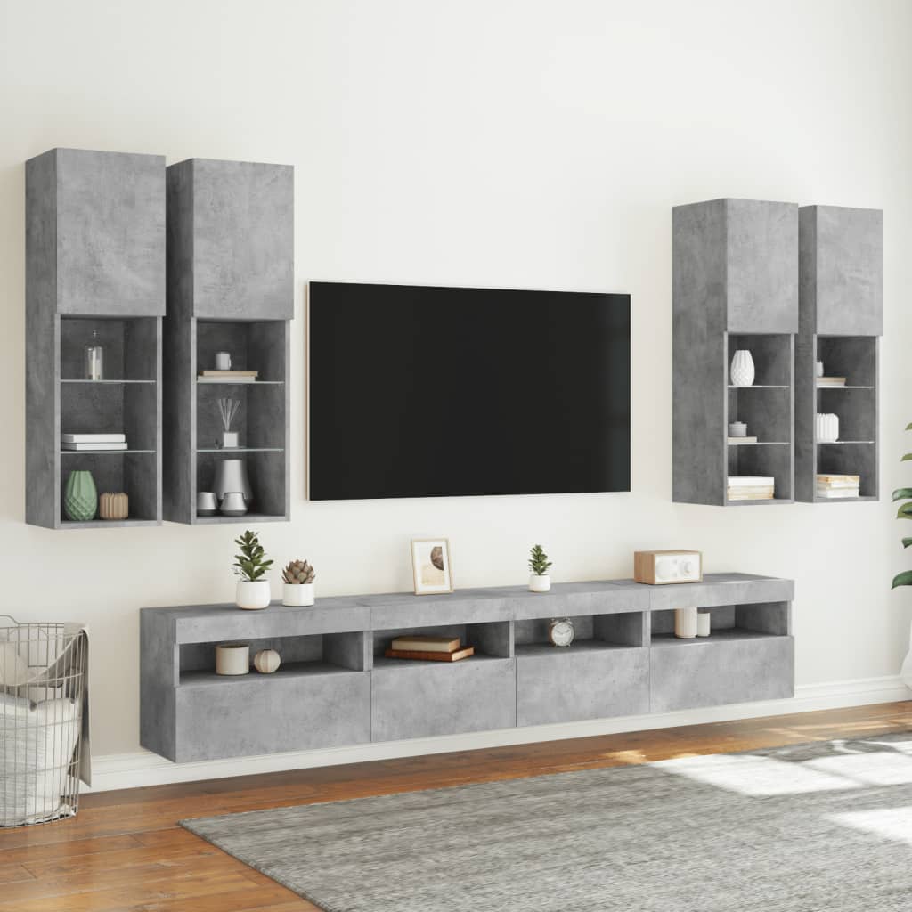 7-dijelni set zidnih TV ormarića s LED svjetlima boja betona
