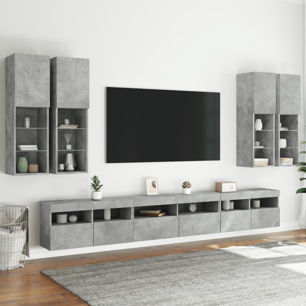7-dijelni set zidnih TV ormarića s LED svjetlima boja betona