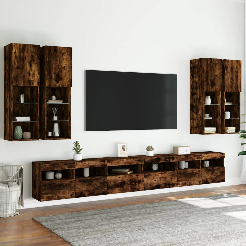 7-dijelni set zidnih TV ormarića LED boja dimljenog hrasta