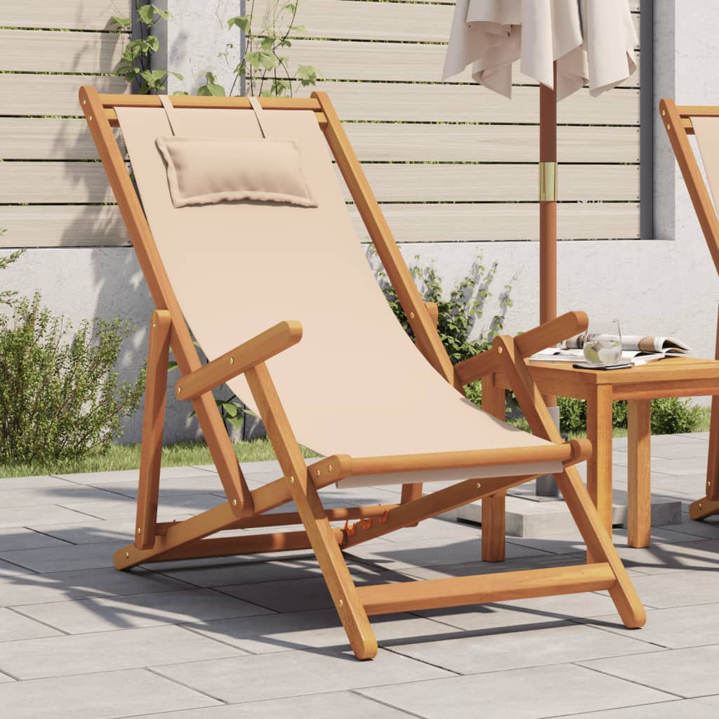 Sklopiva stolica za plažu bež od drva eukaliptusa i tkanine