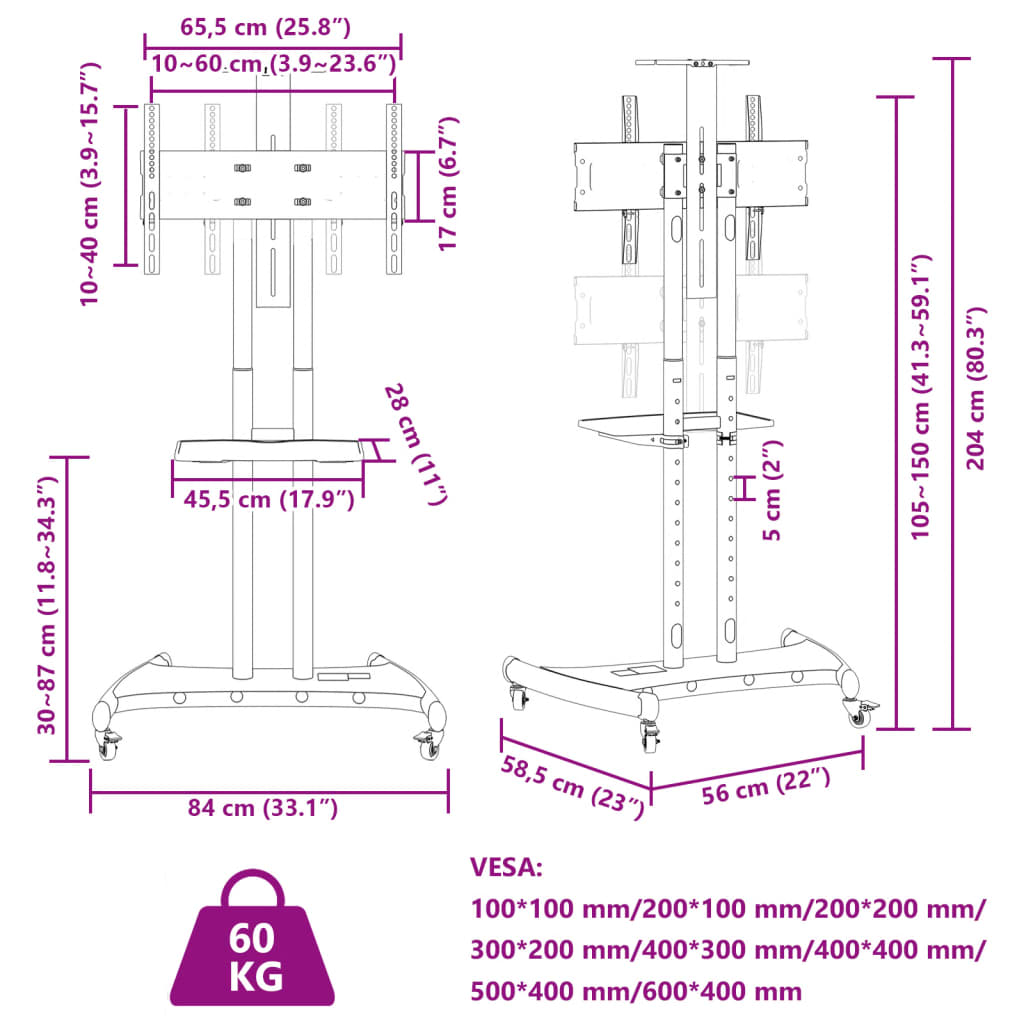 Pomični TV stalak za zaslon od 32-70 inča max. 600x400 mm 60 kg