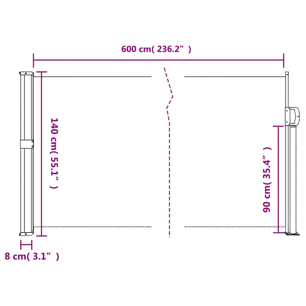 Uvlačiva bočna tenda smeđesiva 140 x 600 cm
