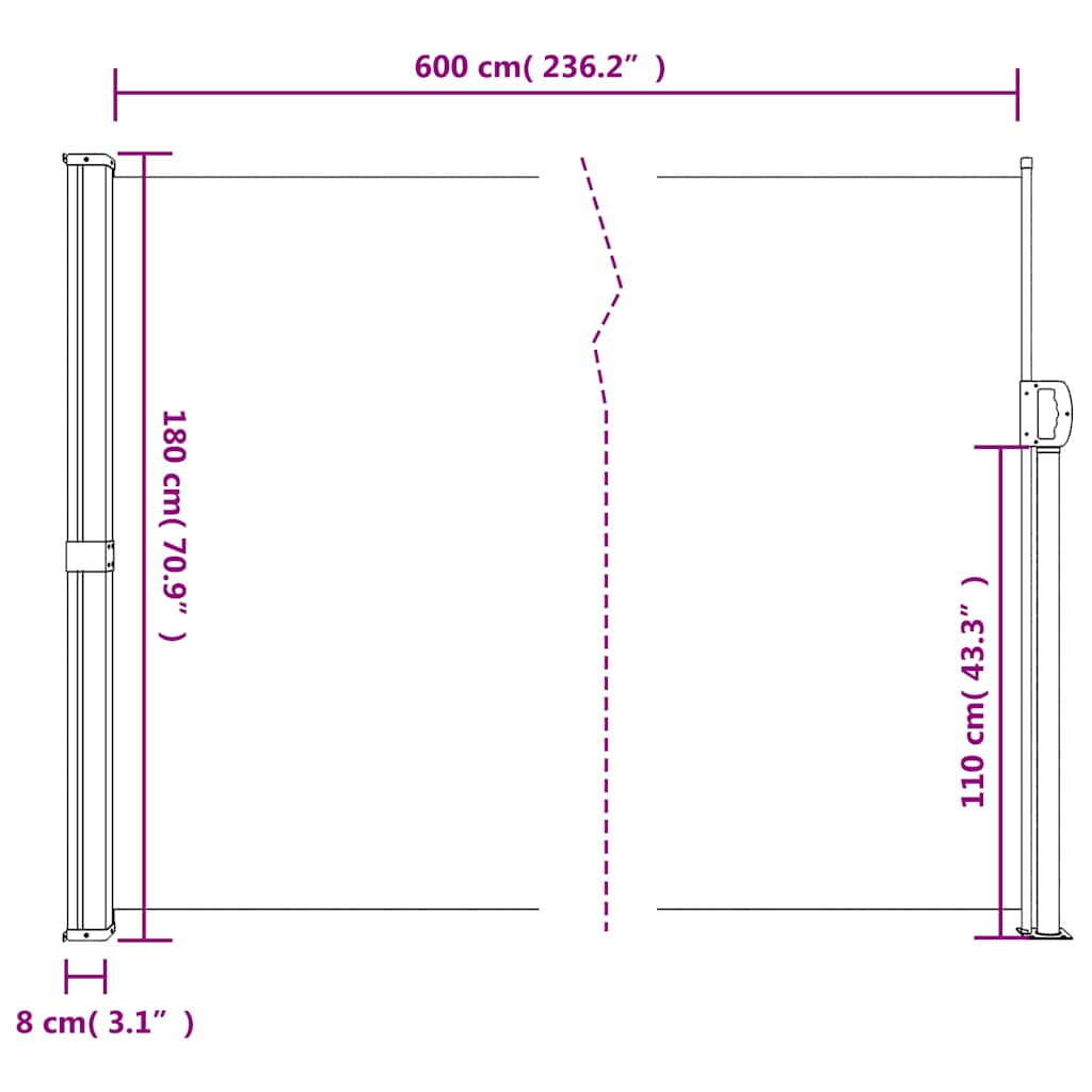 Bočna tenda na uvlačenje smeđesiva 180x600 cm