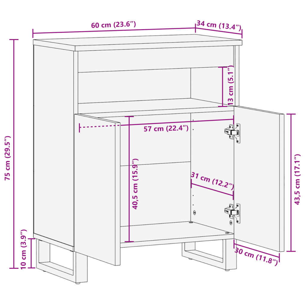 Komoda smeđa od masivnog drva manga 60 x 34 x 75 cm