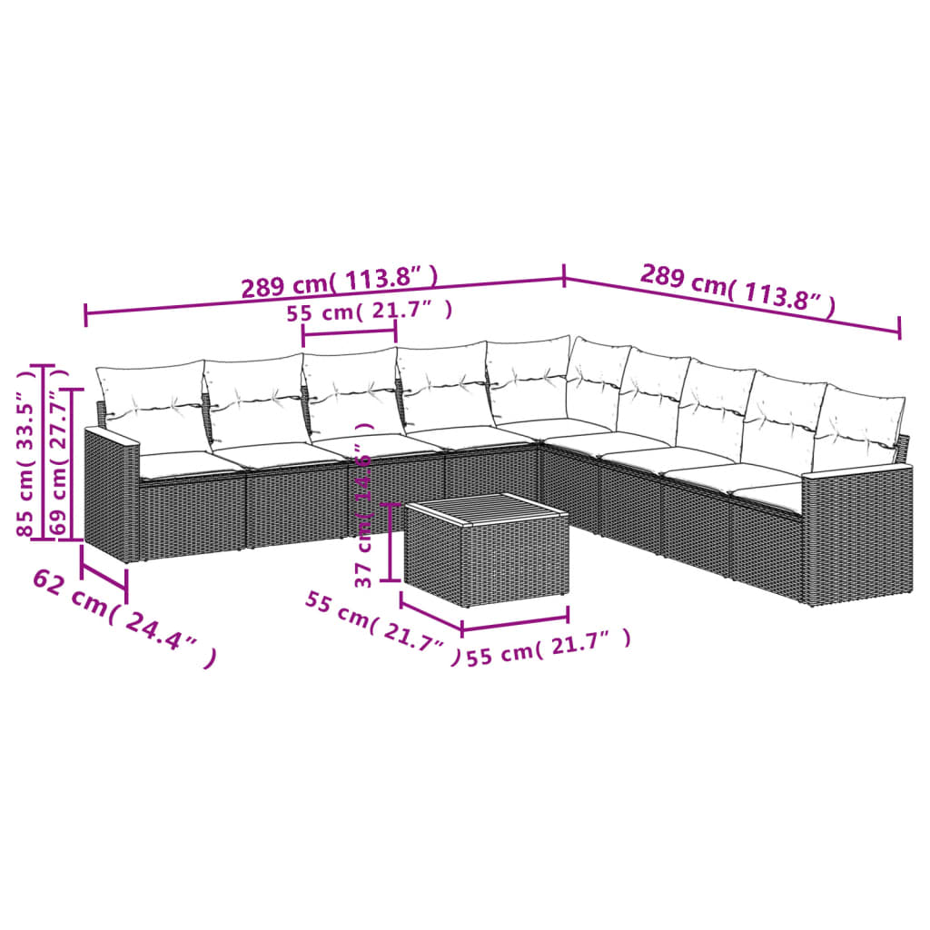 10-dijelni set vrtnih sofa s jastucima crni od poliratana Crna 62 x 62 x 69 cm