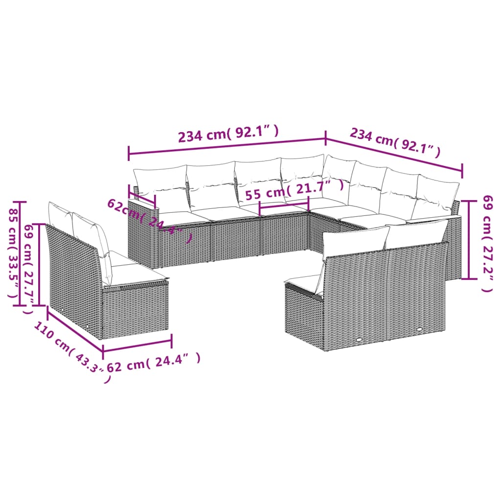 11-dijelni set vrtnih sofa od poliratana s jastucima sivi