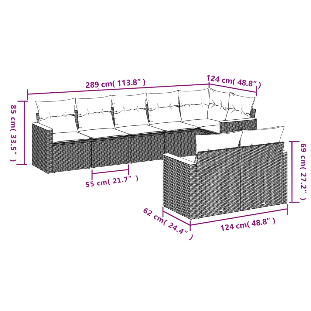 8-dijelni set vrtnih sofa od poliratana s jastucima crni