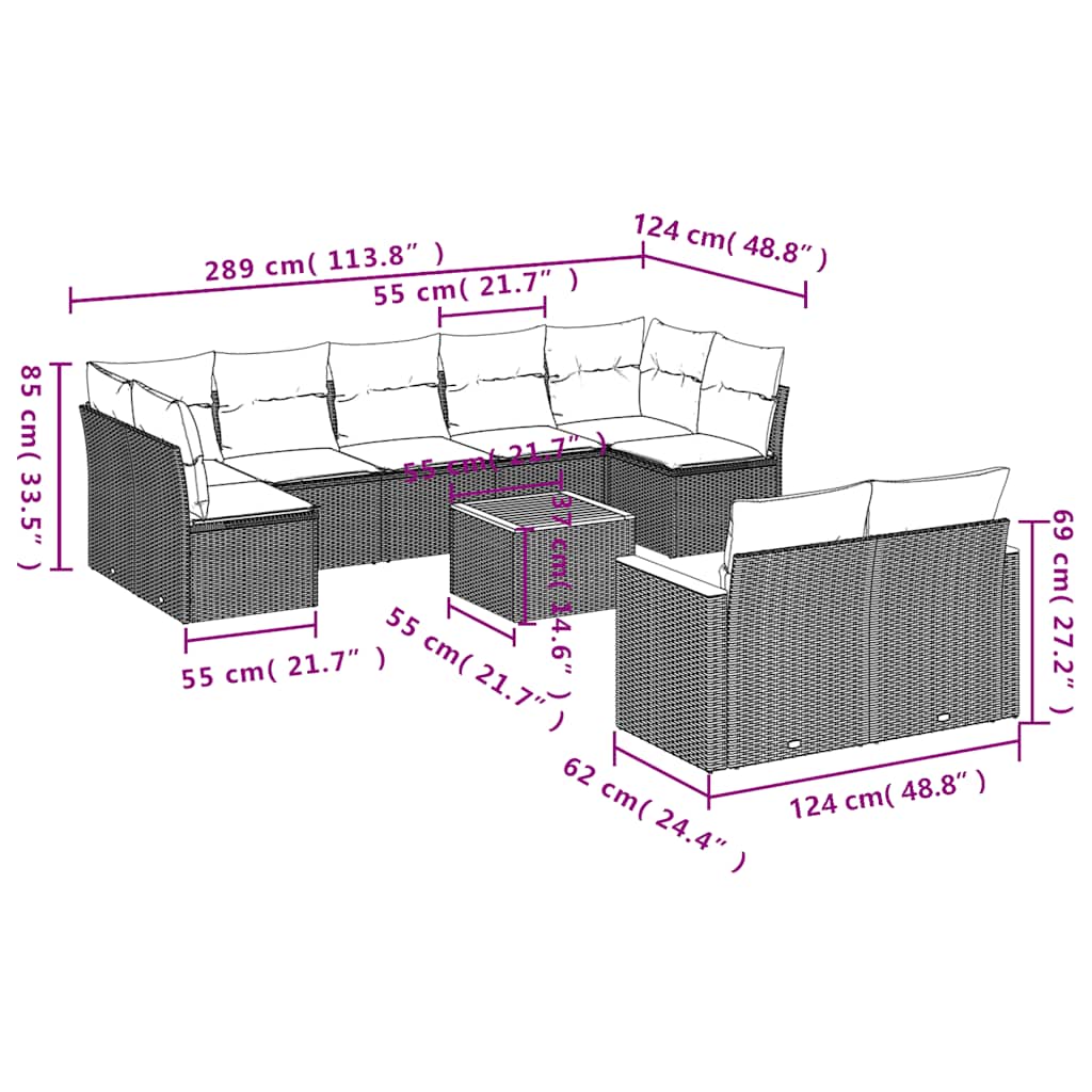 10-dijelni set vrtnih sofa s jastucima crni od poliratana Crna 62 x 62 x 69 cm