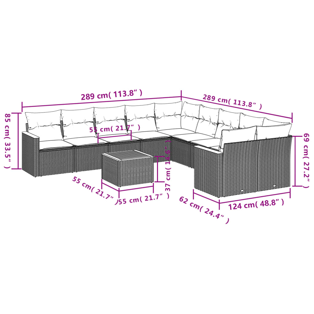 11-dijelni set vrtnih sofa od poliratana s jastucima crni Crna 62 x 62 x 69 cm