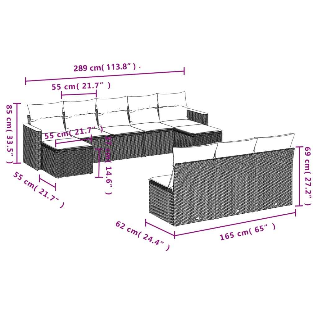 10-dijelni set vrtnih sofa s jastucima bež od poliratana 61 x 62 x 69 cm