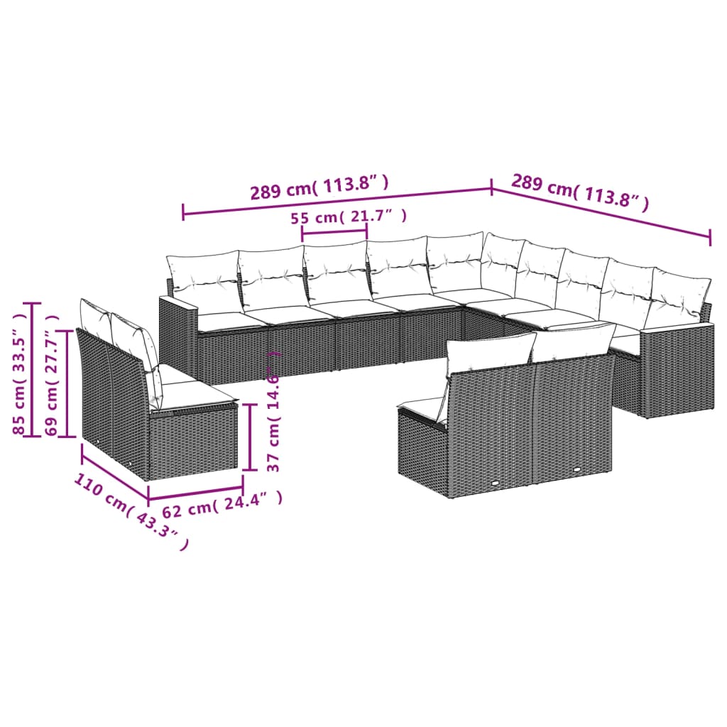 13-dijelni set vrtnih sofa s jastucima poliratan crni