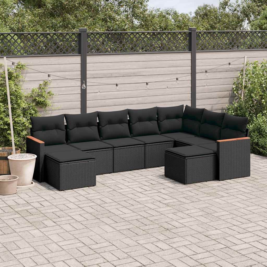 9-dijelni set vrtnih sofa s jastucima crni od poliratana Crna 62 x 62 x 69 cm