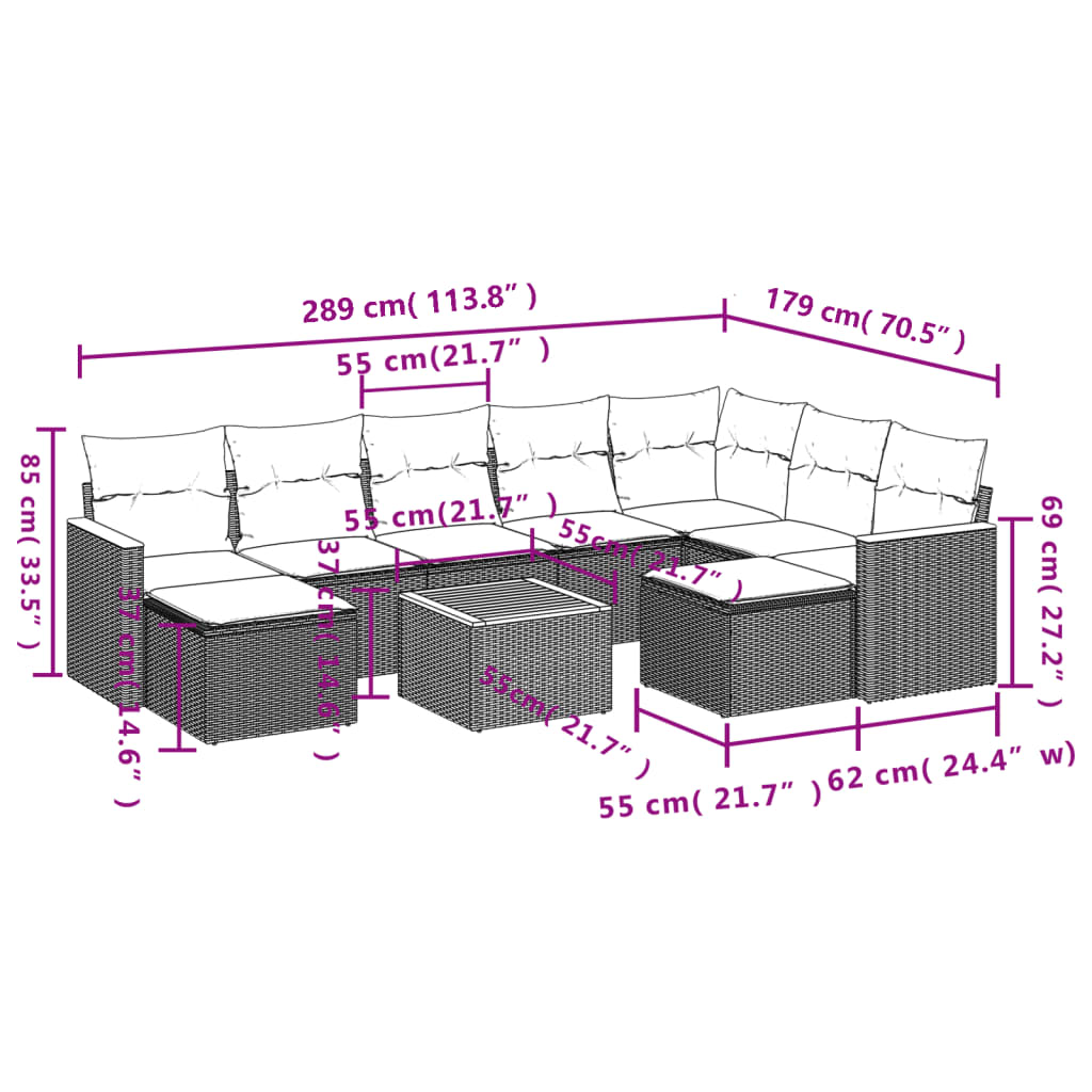 10-dijelni set vrtnih sofa s jastucima bež od poliratana 62 x 62 x 69 cm