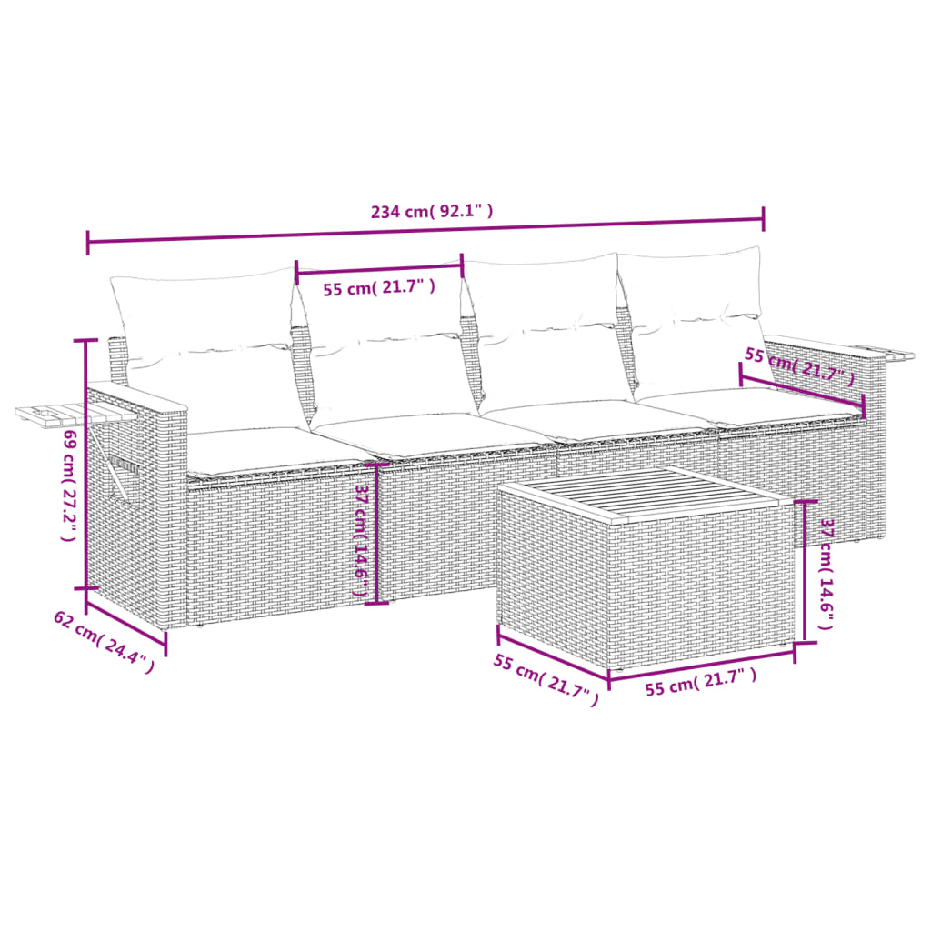 5-dijelni set vrtnih sofa od poliratana s jastucima crni
