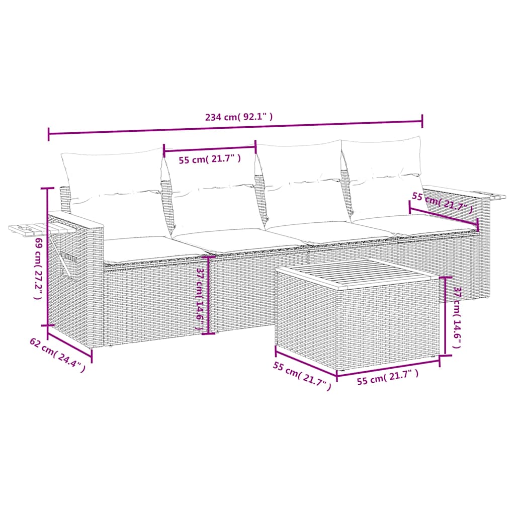 5-dijelni set vrtnih sofa od poliratana s jastucima sivi