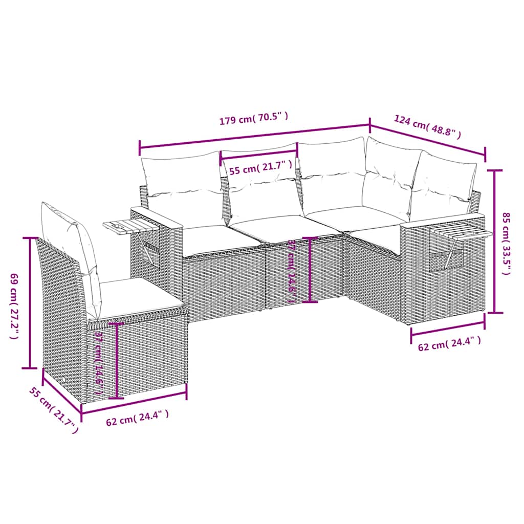 5-dijelni set vrtnih sofa od poliratana s jastucima sivi