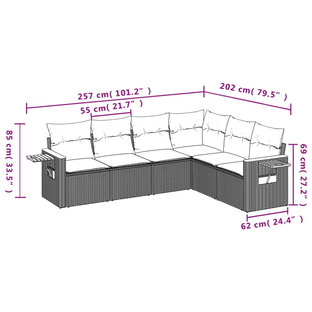 6-dijelni set vrtnih sofa od poliratana s jastucima crni
