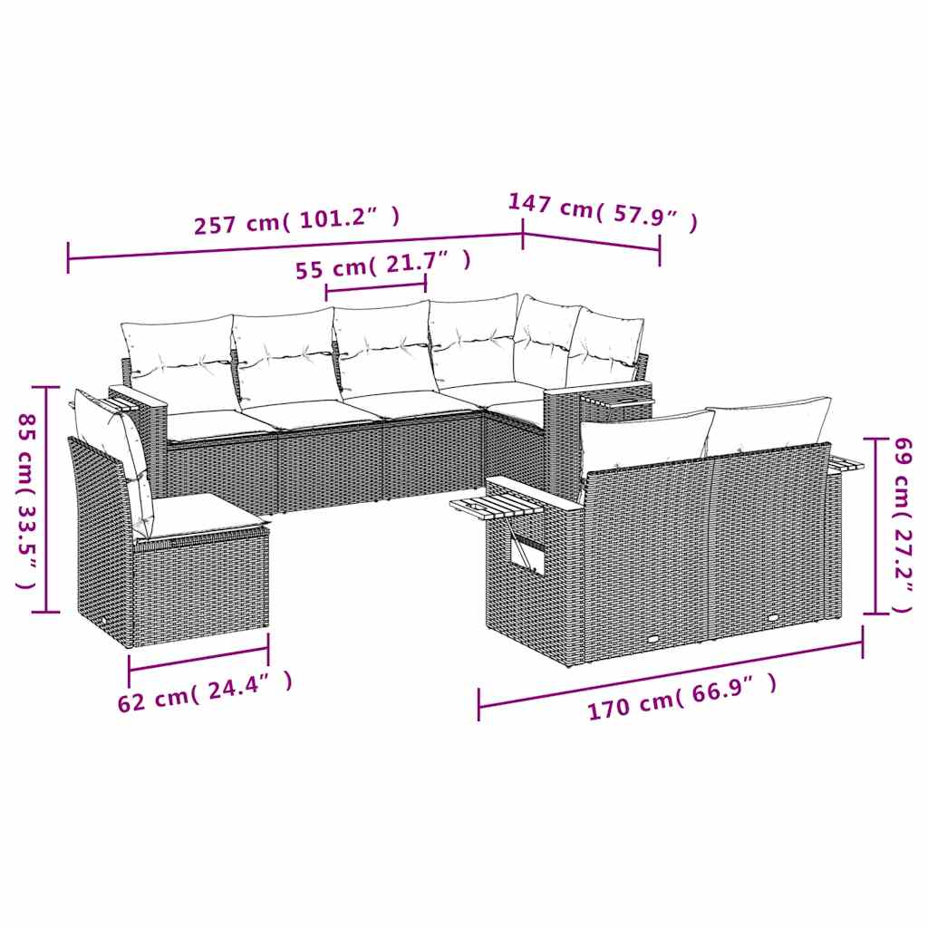 8-dijelni set vrtnih sofa od poliratana s jastucima sivi