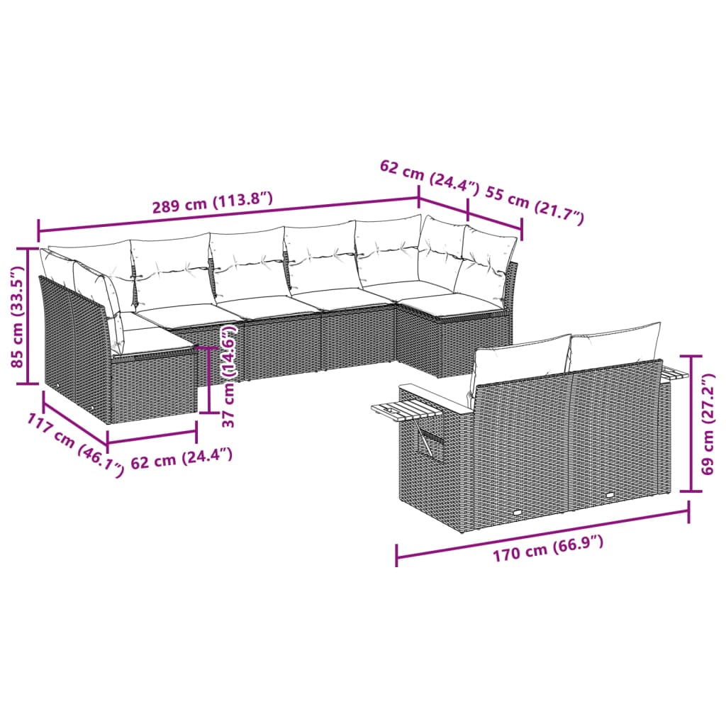 9-dijelni set vrtnih sofa od poliratana s jastucima crni