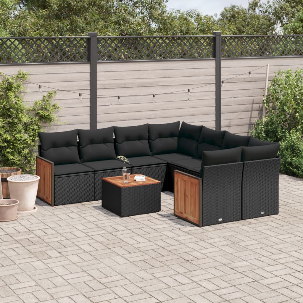 9-dijelni set vrtnih sofa s jastucima crni od poliratana