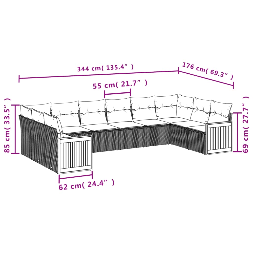 10-dijelni set vrtnih sofa s jastucima crni od poliratana