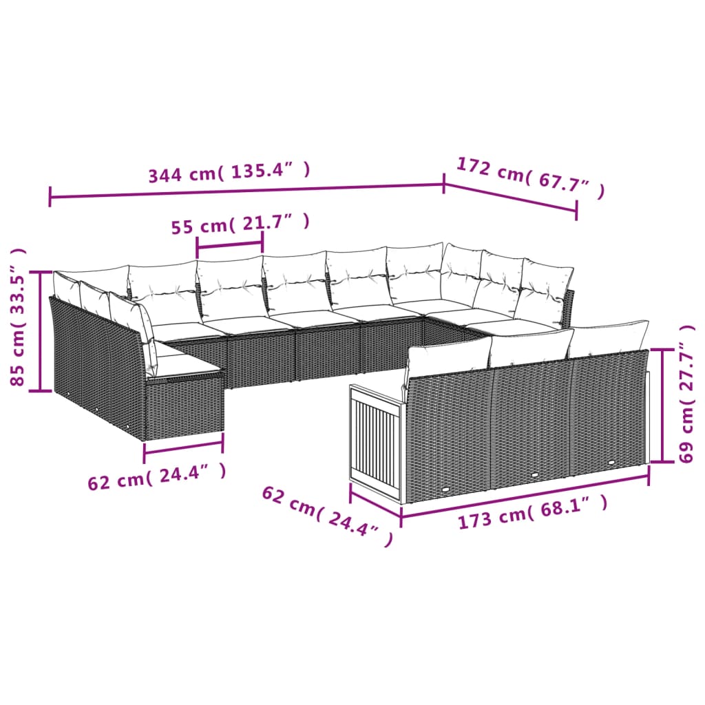 13-dijelni set vrtnih sofa s jastucima poliratan crni