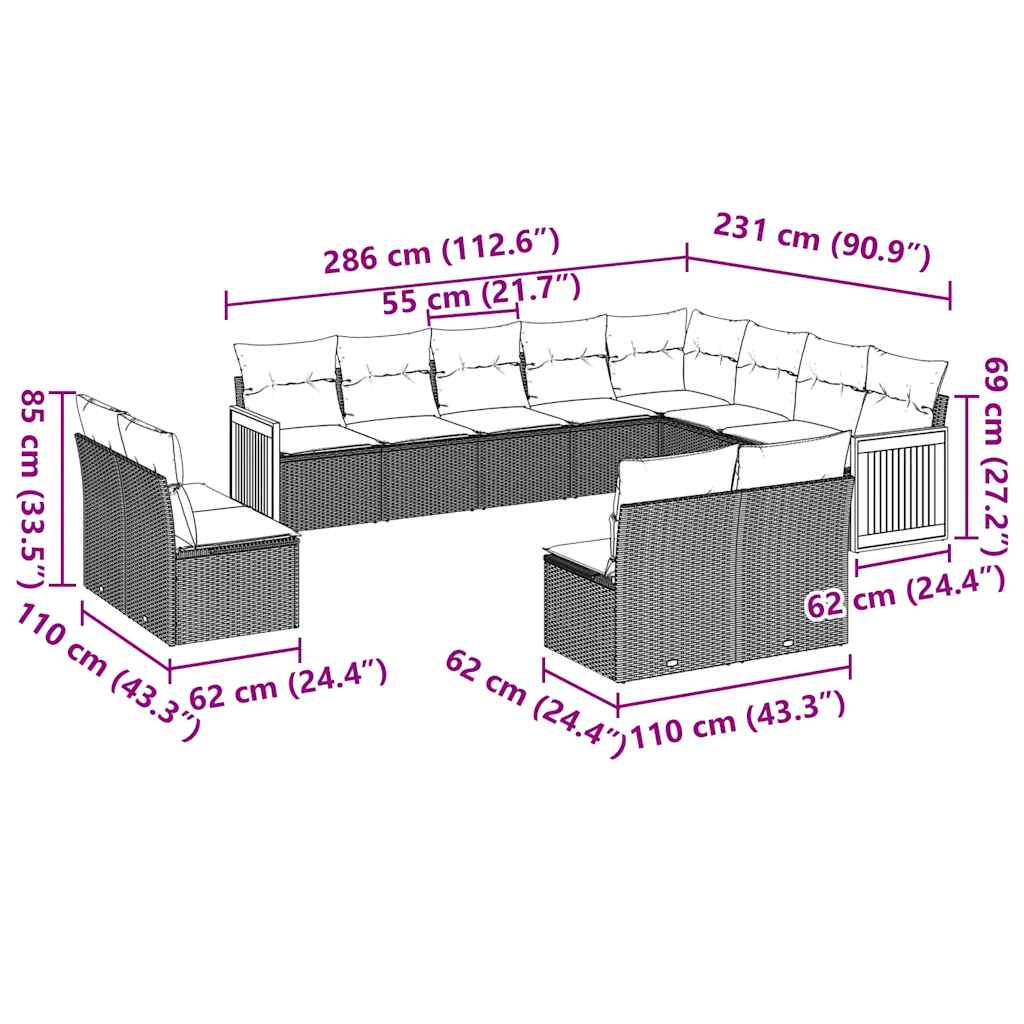 12-dijelni set vrtnih sofa od poliratana s jastucima crni