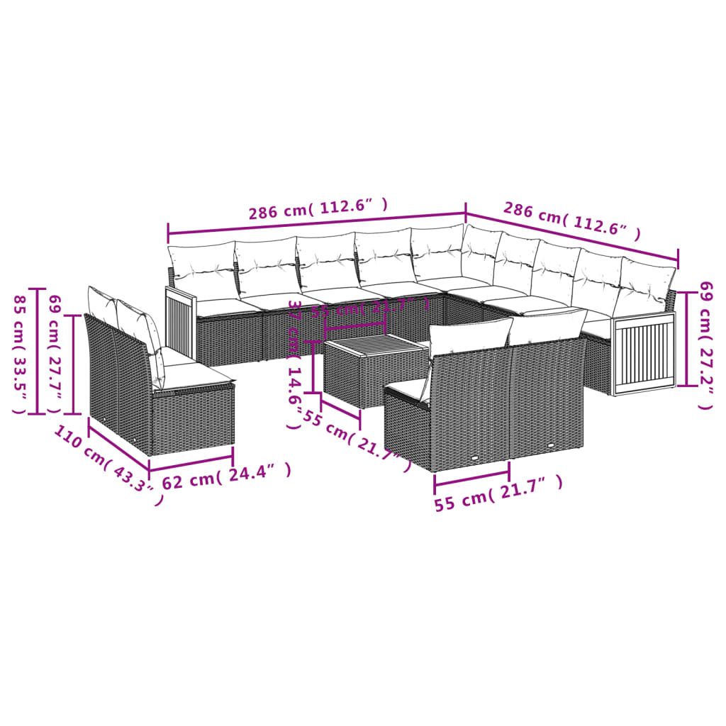 14-dijelni set vrtnih sofa s jastucima poliratan crni
