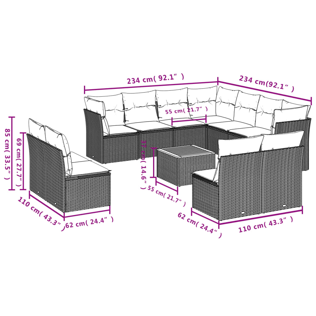 12-dijelni set vrtnih sofa od poliratana s jastucima crni