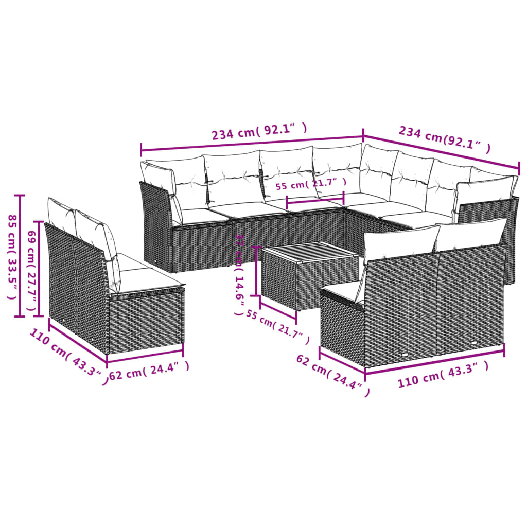 12-dijelni set vrtnih sofa od poliratana s jastucima sivi