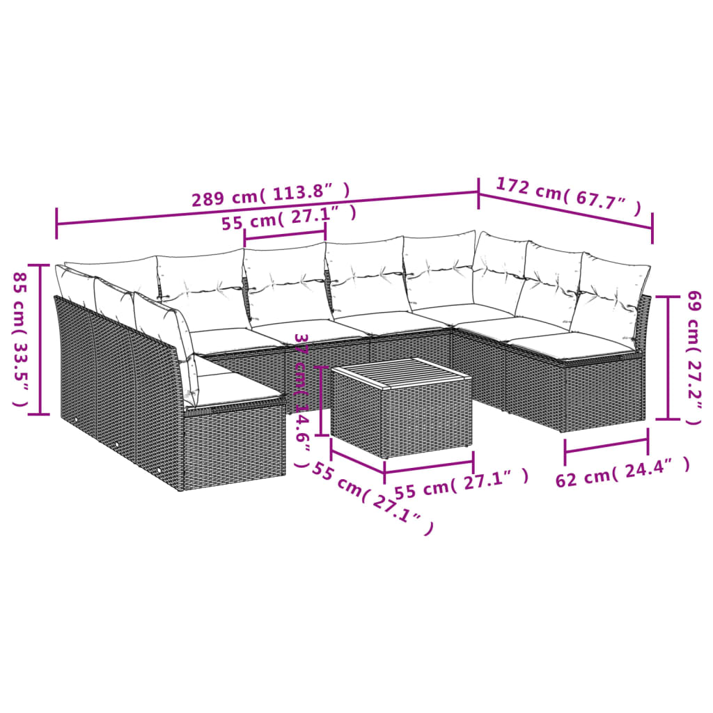 10-dijelni set vrtnih sofa s jastucima crni od poliratana