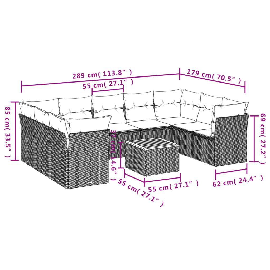 10-dijelni set vrtnih sofa s jastucima crni od poliratana