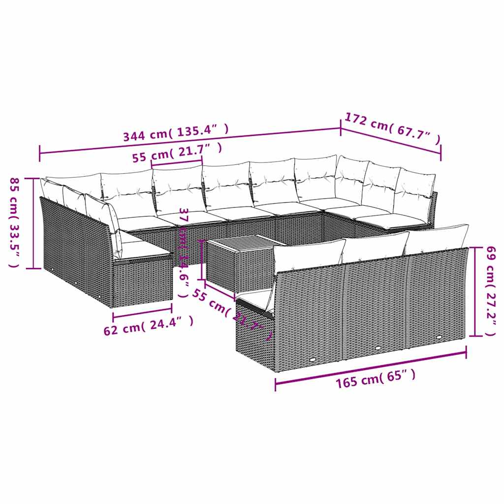 14-dijelni set vrtnih sofa s jastucima poliratan crni