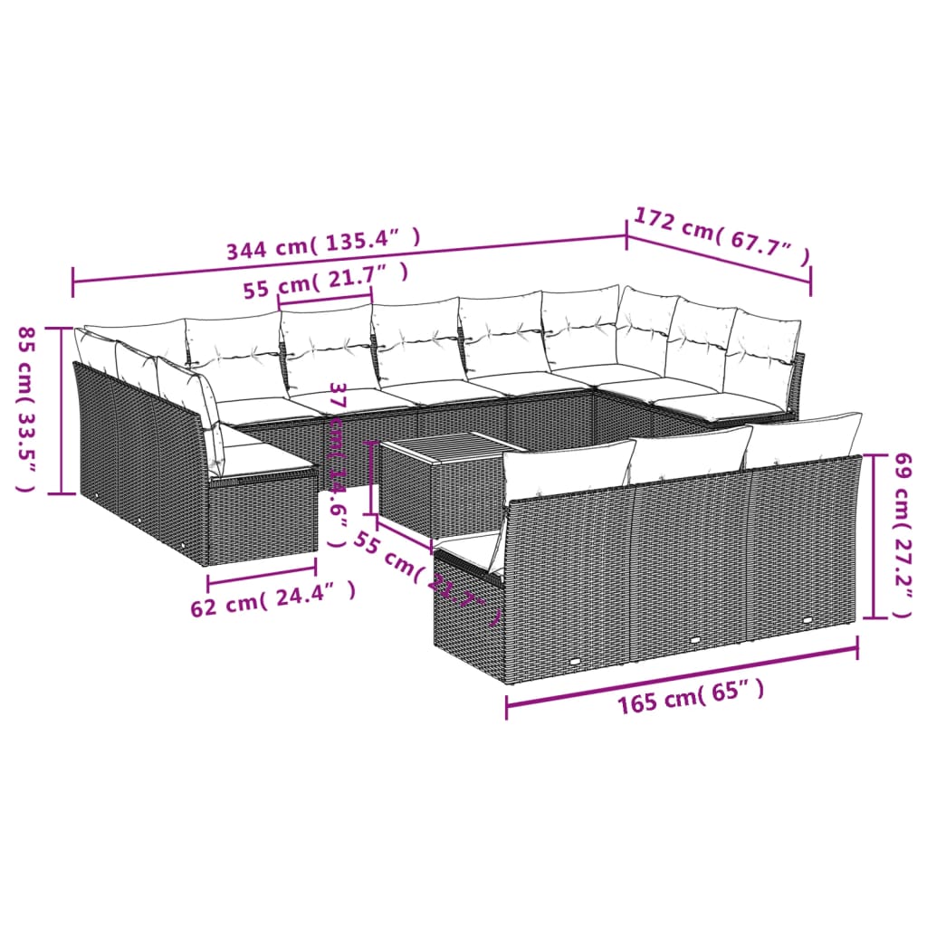 14-dijelni set vrtnih sofa s jastucima poliratan crni
