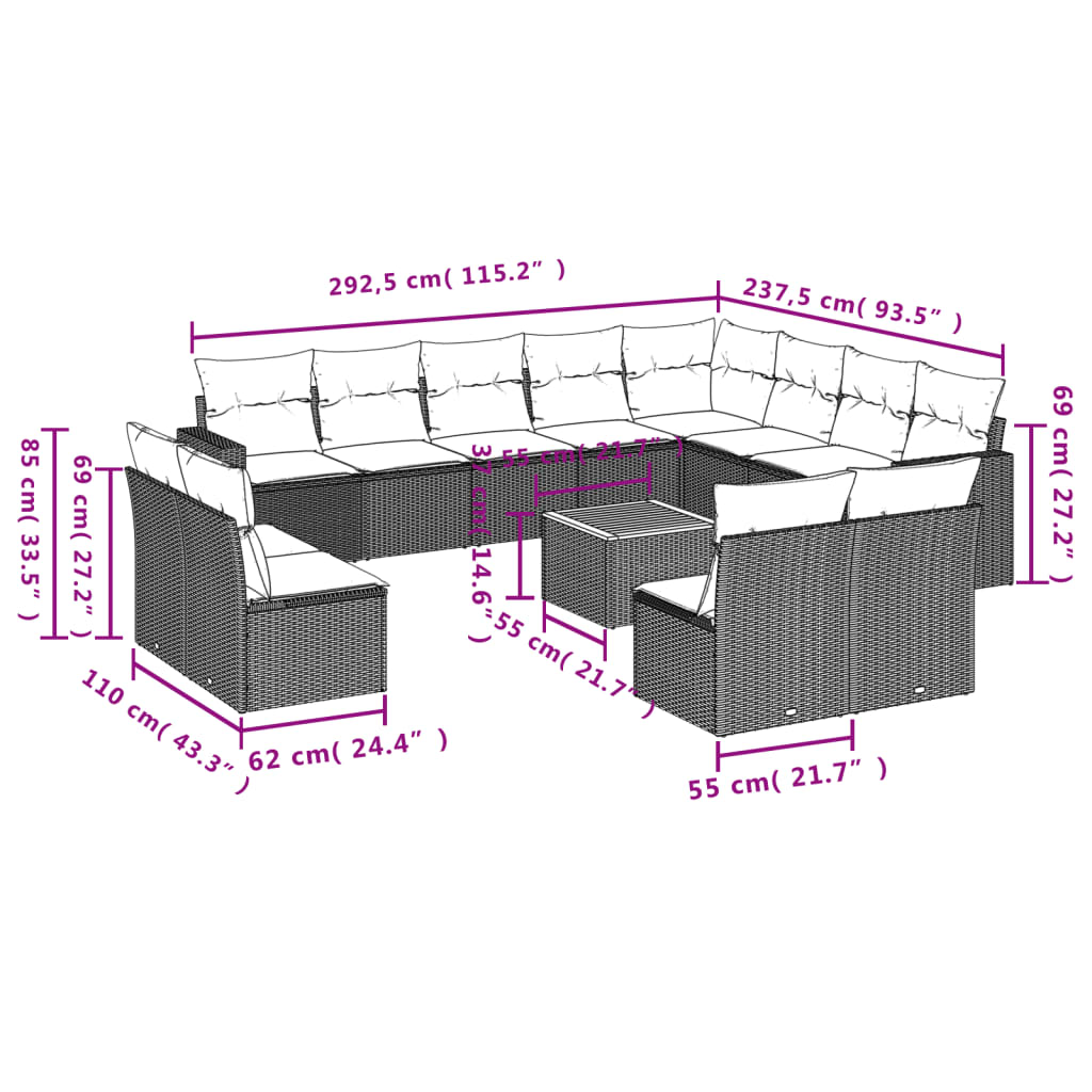 13-dijelni set vrtnih sofa s jastucima poliratan crni