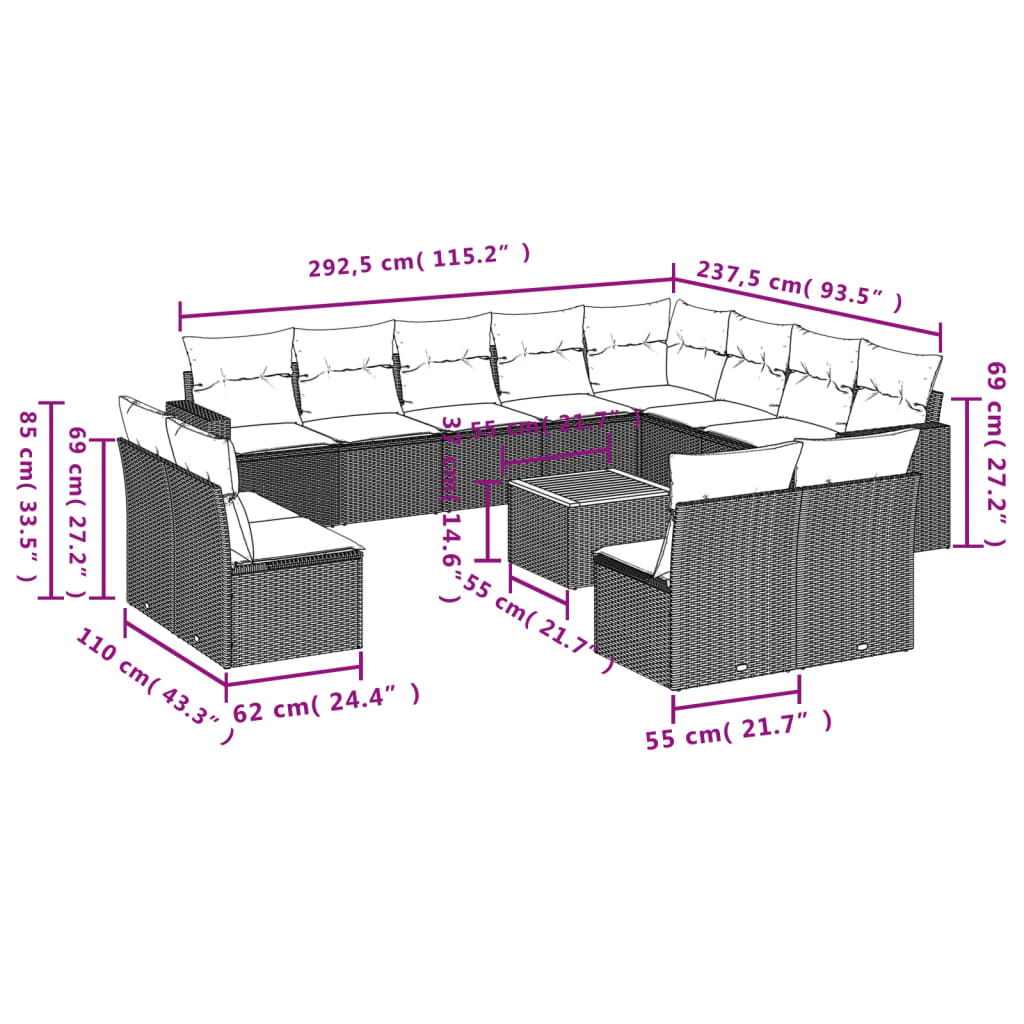 13-dijelni set vrtnih sofa od poliratana s jastucima sivi