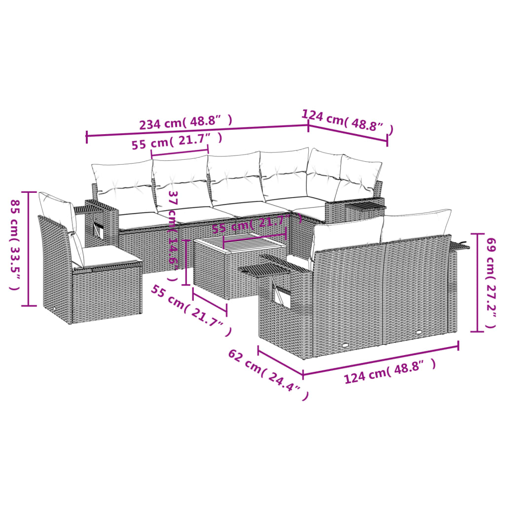 9-dijelni set vrtnih sofa s jastucima crni od poliratana Crna 62 x 62 x 69 cm