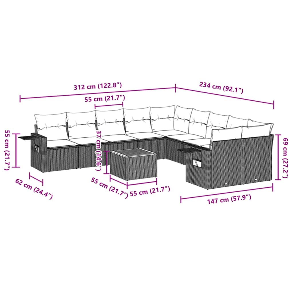 11-dijelni set vrtnih sofa od poliratana s jastucima crni Crna 62 x 62 x 69 cm