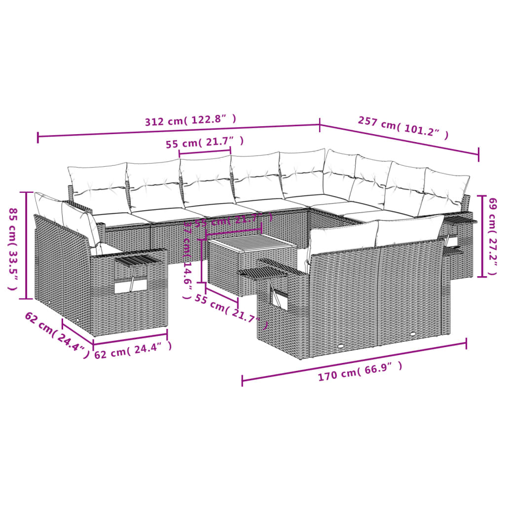 13-dijelni set vrtnih sofa s jastucima poliratan crni