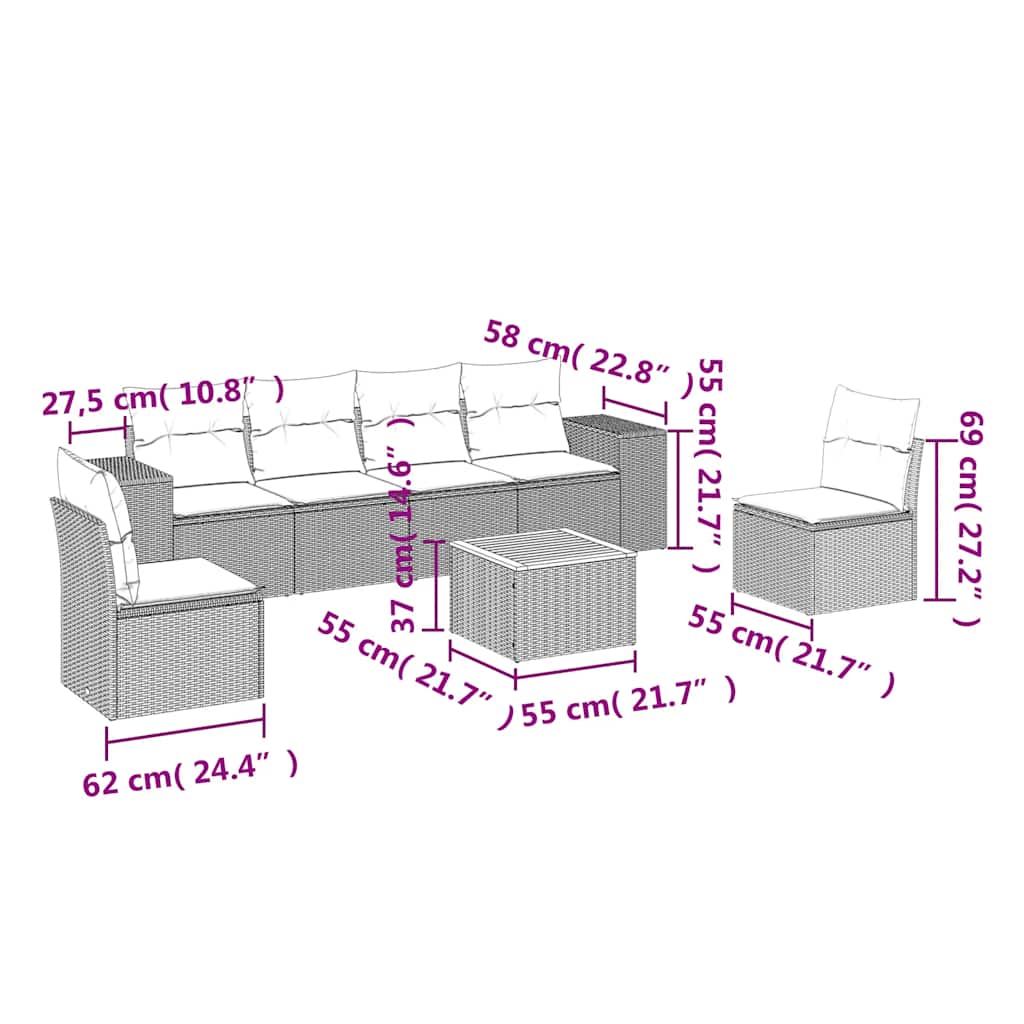 7-dijelni set vrtnih sofa od poliratana s jastucima crni