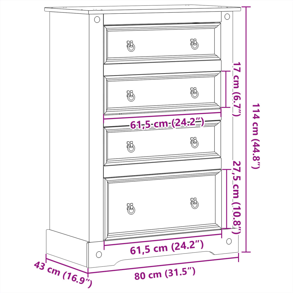 Ladičar Corona 80 x 43 x 114 cm od masivne borovine