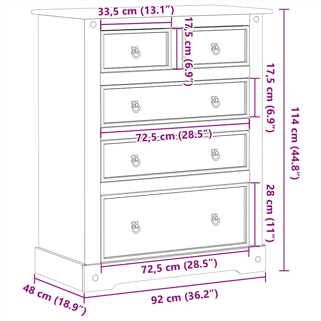 Ladičar Corona 92 x 48 x 114 cm od masivne borovine