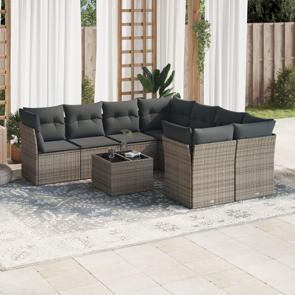 9-dijelni set vrtnih sofa od poliratana s jastucima sivi