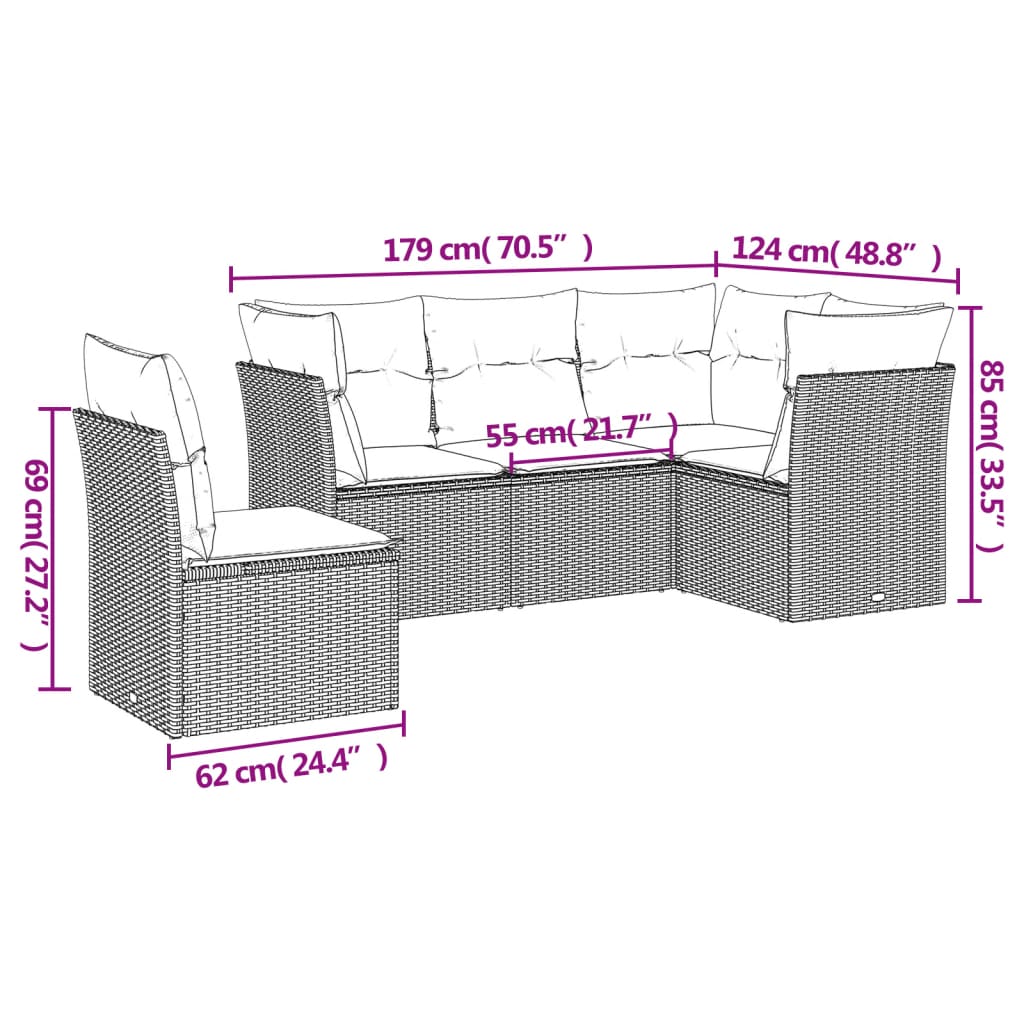 5-dijelni vrtni set sofa s jastucima bež od poliratana